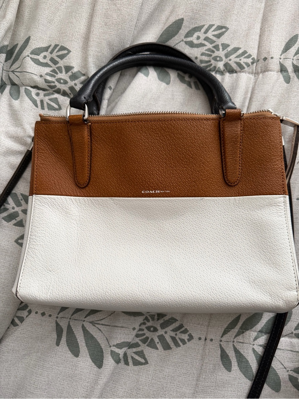 COACH Two-Tone Leather Satchel - White & Brown
